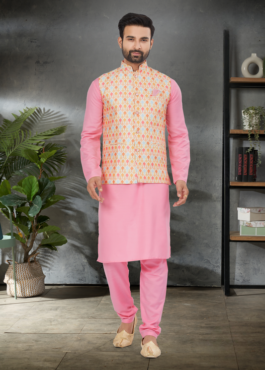 Ensemble Kurta rose dragée coton épais avec veste Koti rose multicolore soie imprimé digitale