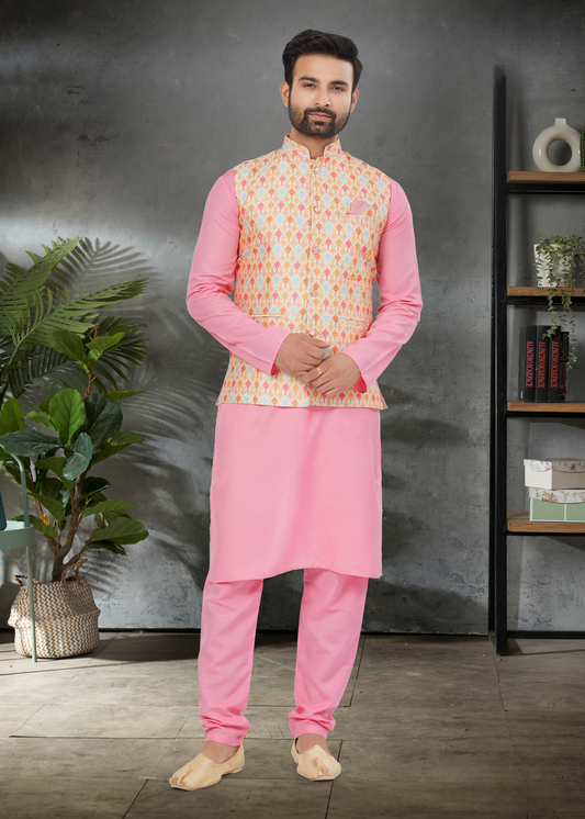 Ensemble Kurta rose dragée coton épais avec veste Koti rose multicolore soie imprimé digitale