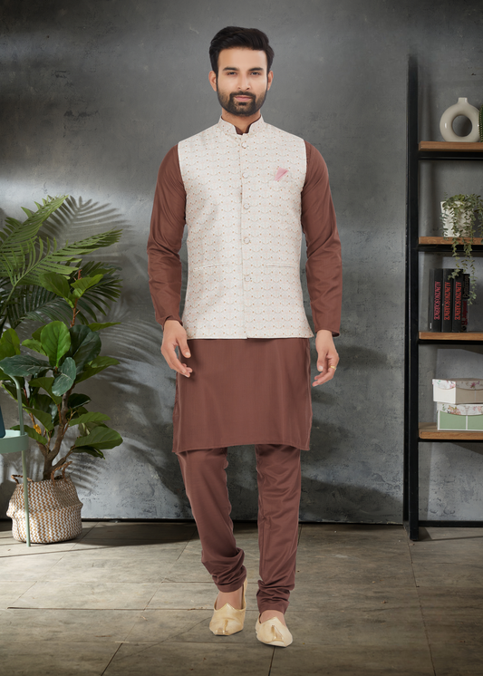 Ensemble Kurta marron chocolat coton épais avec veste Koti beige soie imprimé digitale