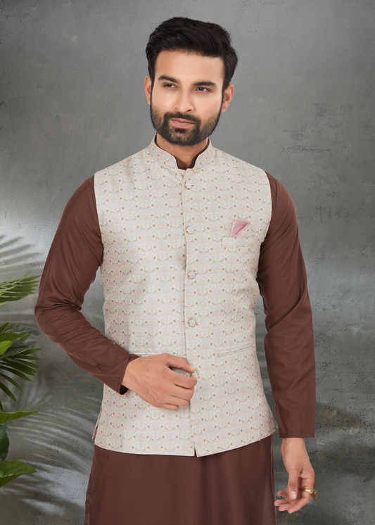 Ensemble Kurta marron chocolat coton épais avec veste Koti beige soie imprimé digitale