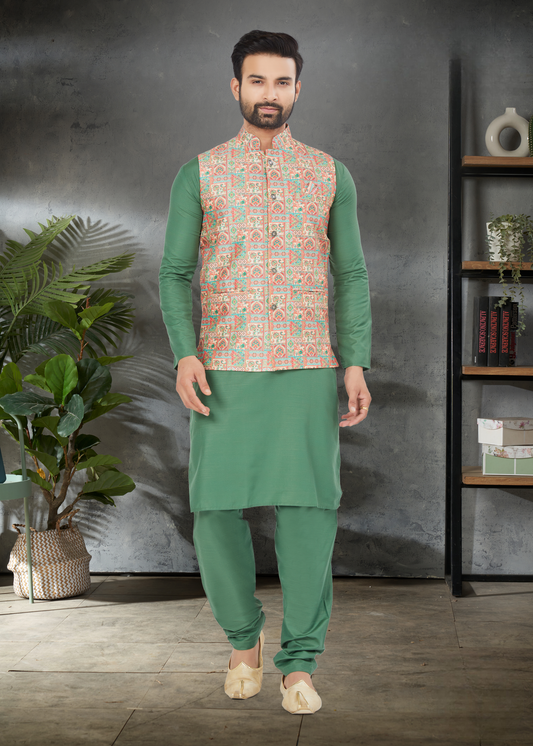 Ensemble Kurta vert mousse coton épais avec veste Koti orangé multicolore soie imprimé digitale