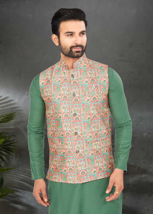 Ensemble Kurta vert mousse coton épais avec veste Koti orangé multicolore soie imprimé digitale