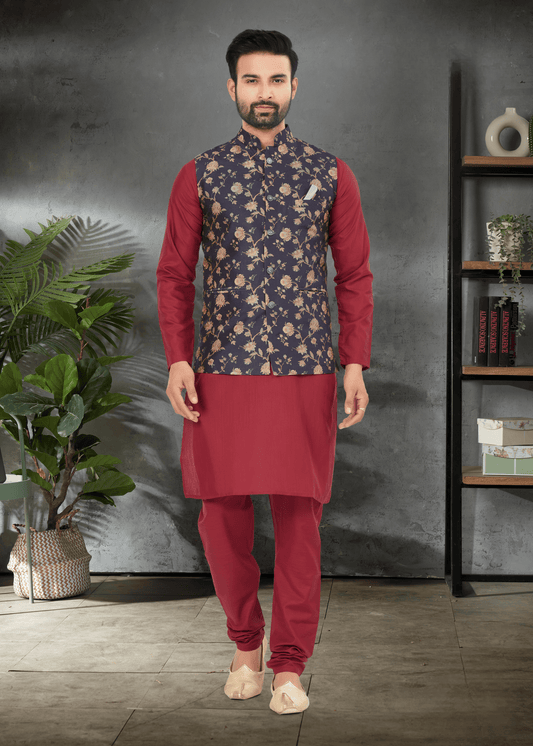 Ensemble Kurta rouge cerise coton épais avec veste Koti bleu foncé soie imprimé digitale