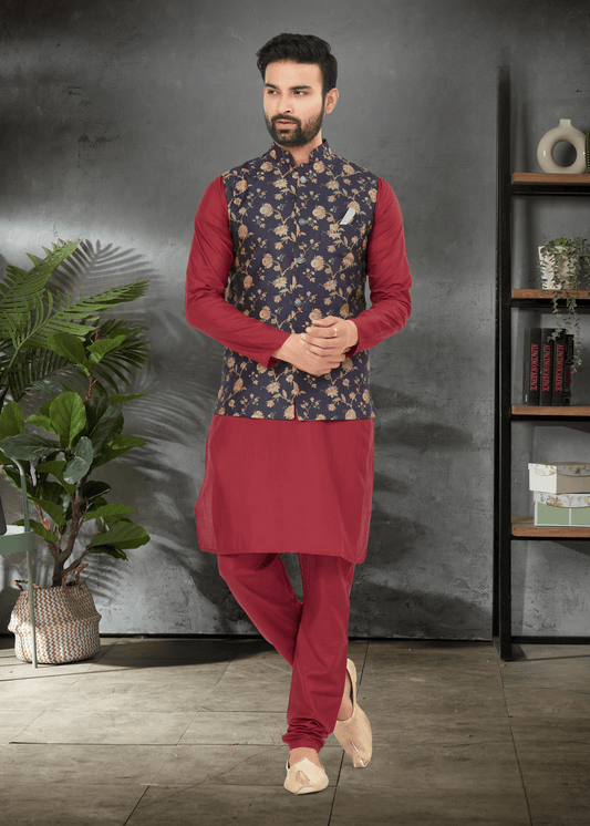 Ensemble Kurta rouge cerise coton épais avec veste Koti bleu foncé soie imprimé digitale