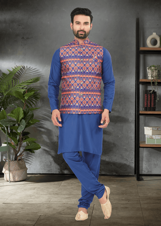 Ensemble Kurta bleu saphir coton épais avec veste Koti bleue et orange soie imprimé digitale
