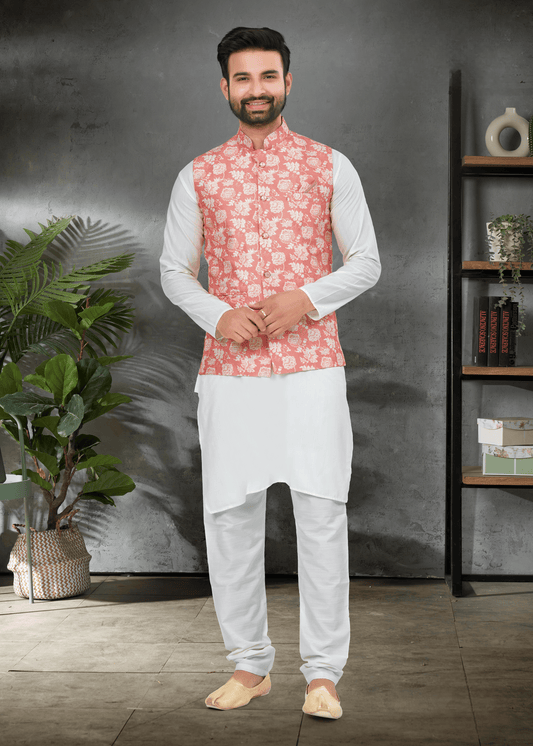 Ensemble Kurta blanc coton épais avec veste Koti rose saumon soie imprimé digitale