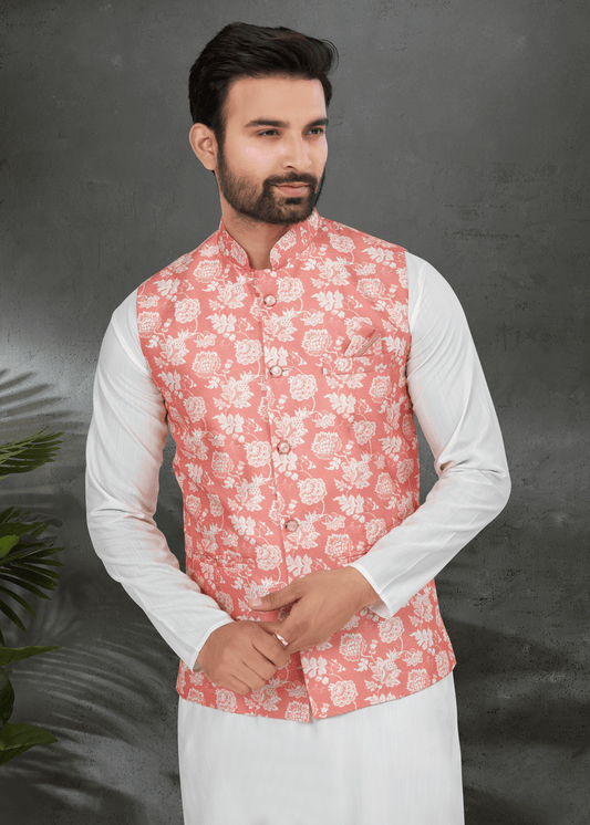 Ensemble Kurta blanc coton épais avec veste Koti rose saumon soie imprimé digitale