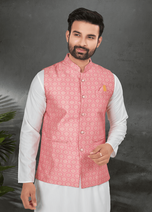 Ensemble Kurta blanc coton épais avec veste Koti rose clair soie imprimé digitale