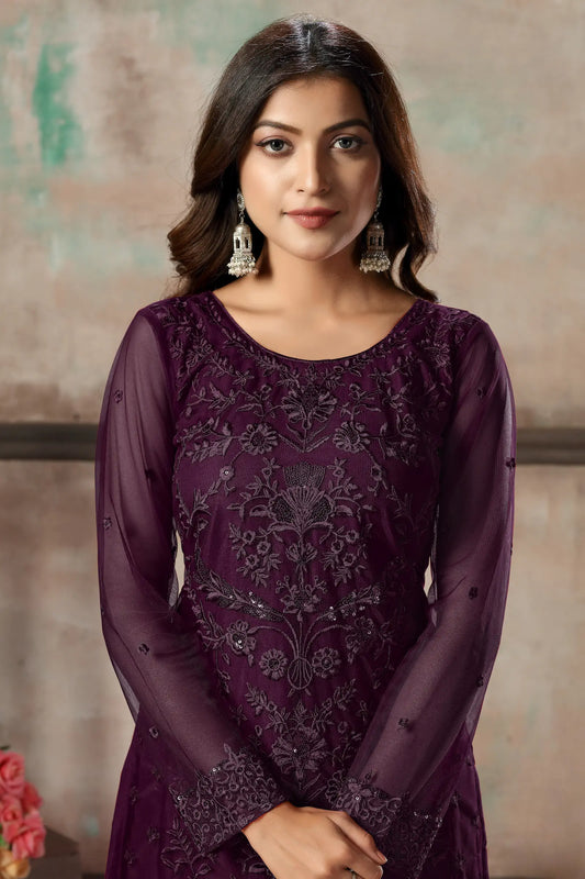 Ensemble Salwar en Filet Couleur Violet Raisin avec Broderie au Fil et Sequins