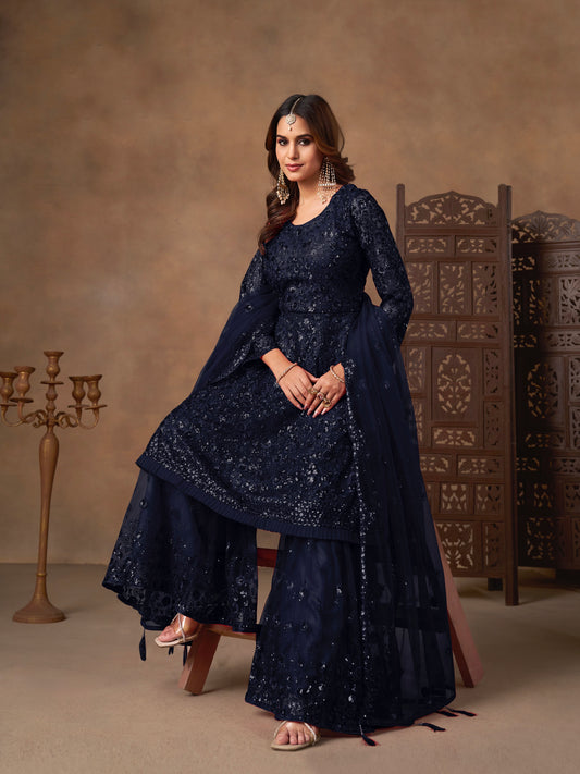 Berry-purple red Sharara set with cord embroidery, sequins and riveted beads