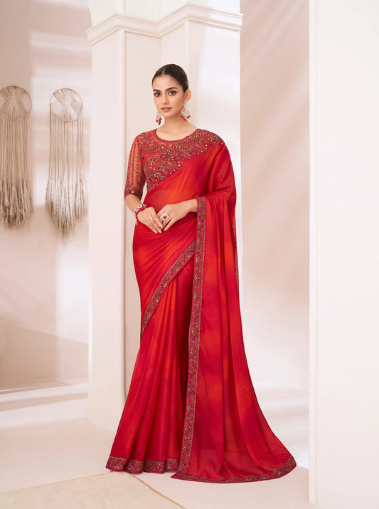 Sari de soirée en chiffon dégradé rouge et argenté avec broderies en sequins et fil