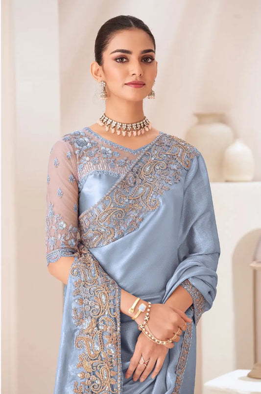 Blue Grey Satin Chiffon Party Wear Saree with Sequin and Thread Embroidery