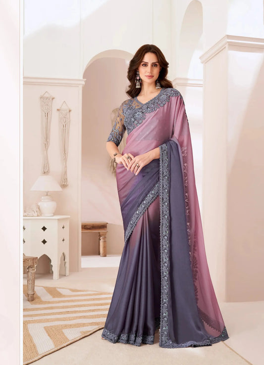 Sari de soirée chiffon dégradée pâle mauve et grise avec broderies de sequins et de fil