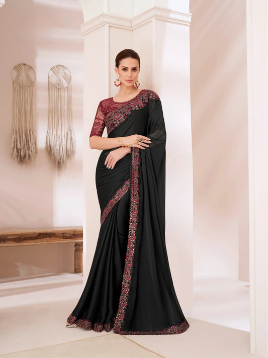 Black chiffon evening sari with sequin and thread embroidery