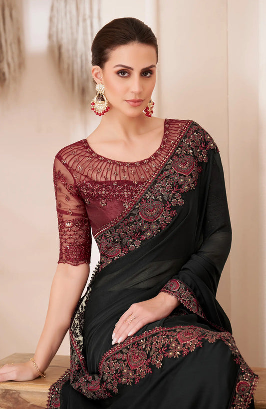 Black chiffon evening sari with sequin and thread embroidery