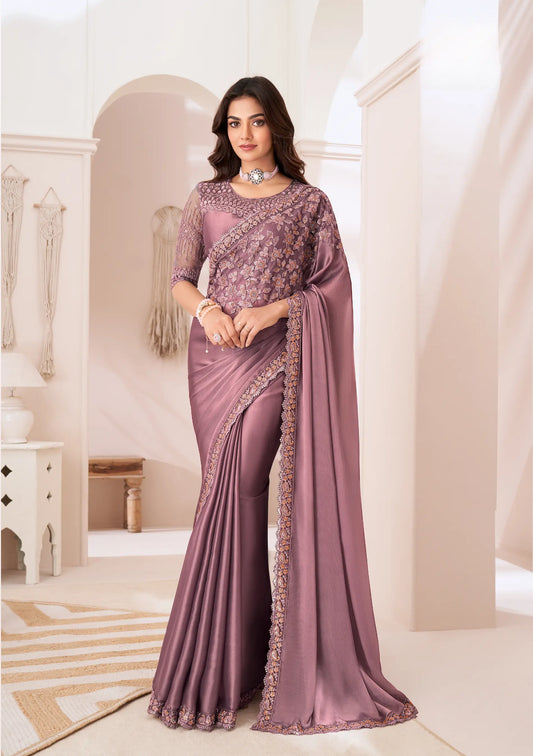 Mauve pink silk satin evening sari with sequin and thread embroidery