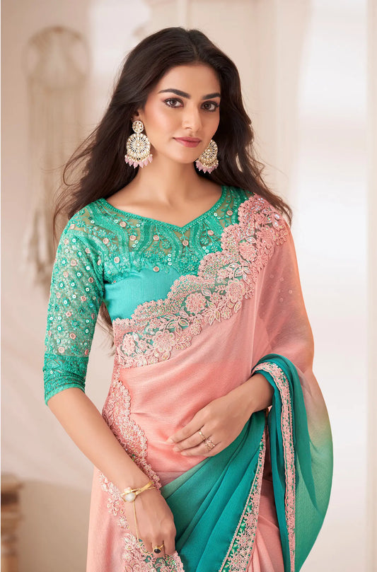 Sari de soirée en chiffon bleue et rose dégradée avec broderie de sequins et fil