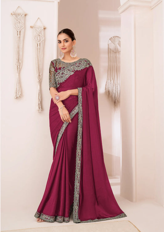 Sari de fête en georgette chiffon rouge cerise avec broderie de sequins et de fils