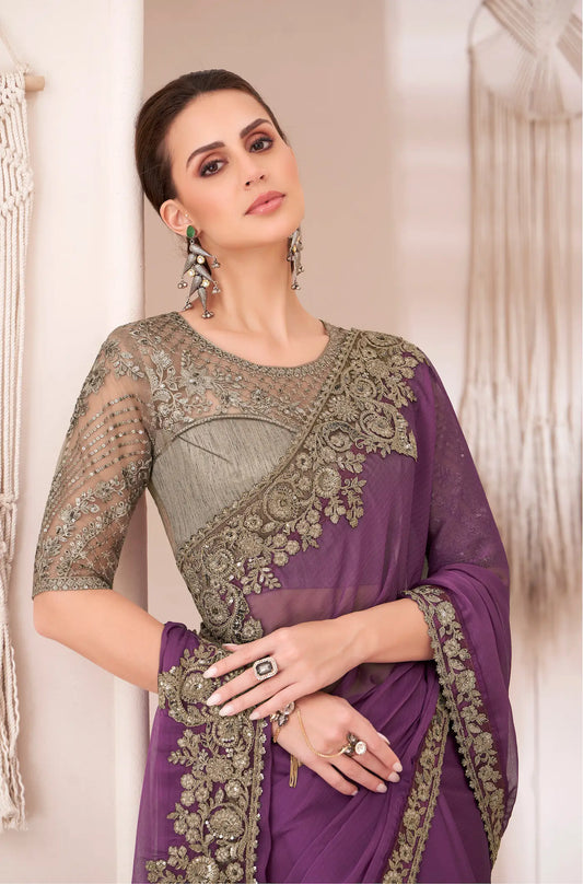 Sari de soirée en georgette chiffon violet foncé avec broderie de sequins et fil