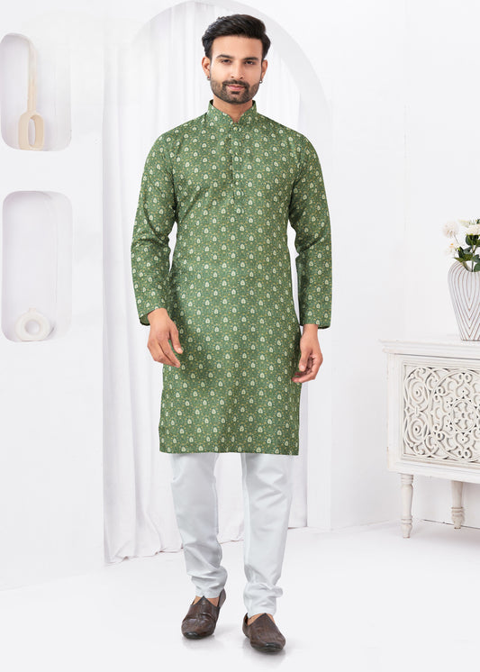 Kurta chic et décontracté vert et beige imprimé doux en coton