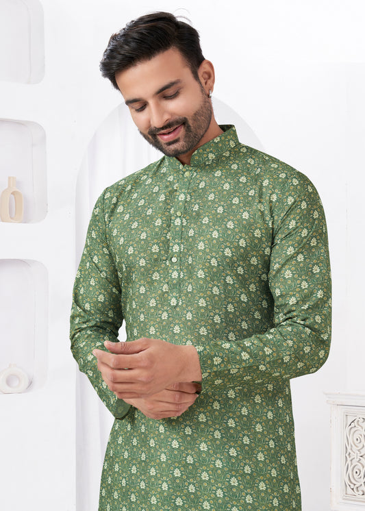 Kurta chic et décontracté vert et beige imprimé doux en coton