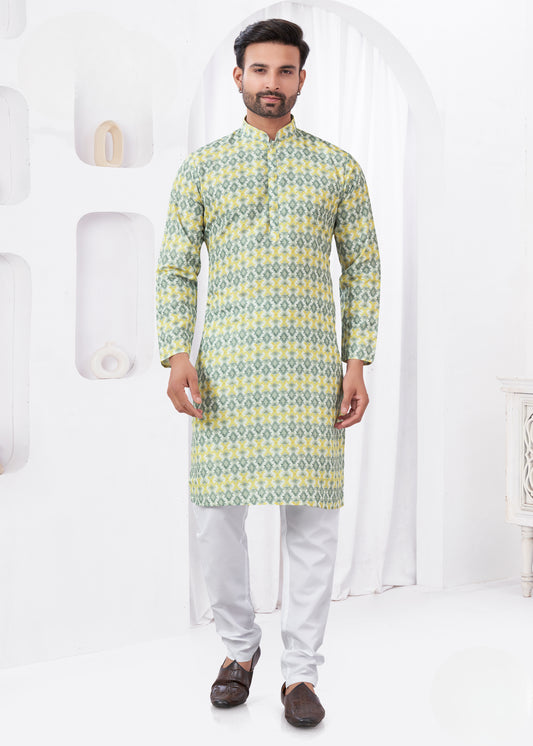 Kurta chic et décontracté jaune et vert imprimé doux en coton