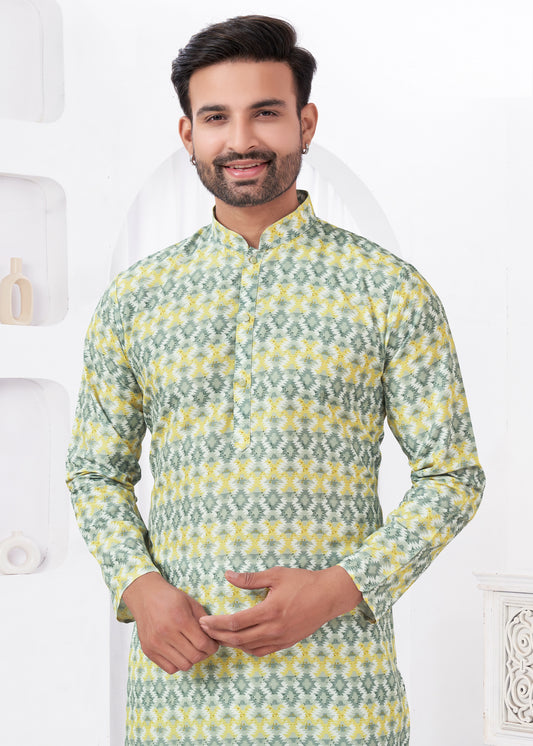 Kurta chic et décontracté jaune et vert imprimé doux en coton