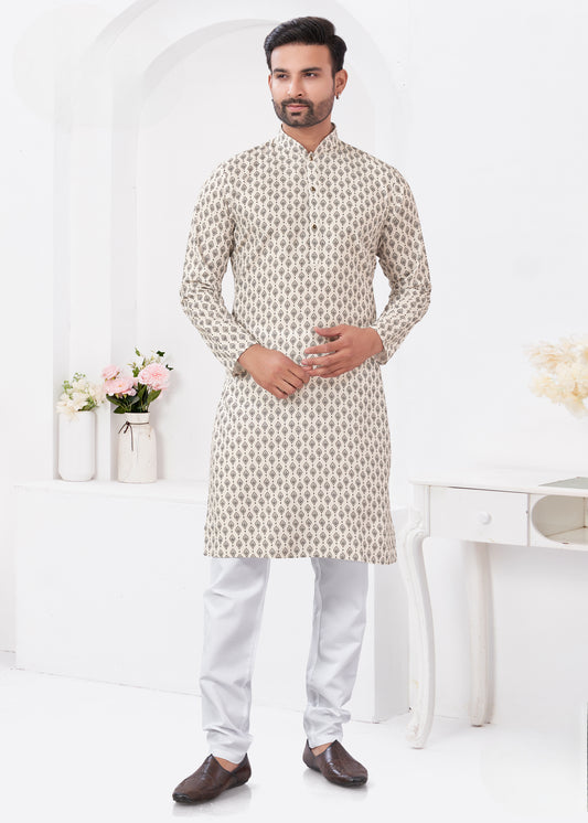 Kurta chic et décontracté beige clair imprimé doux en coton