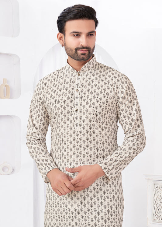 Kurta chic et décontracté beige clair imprimé doux en coton