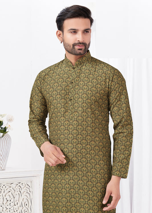 Kurta chic et décontracté vert kaki imprimé doux en coton