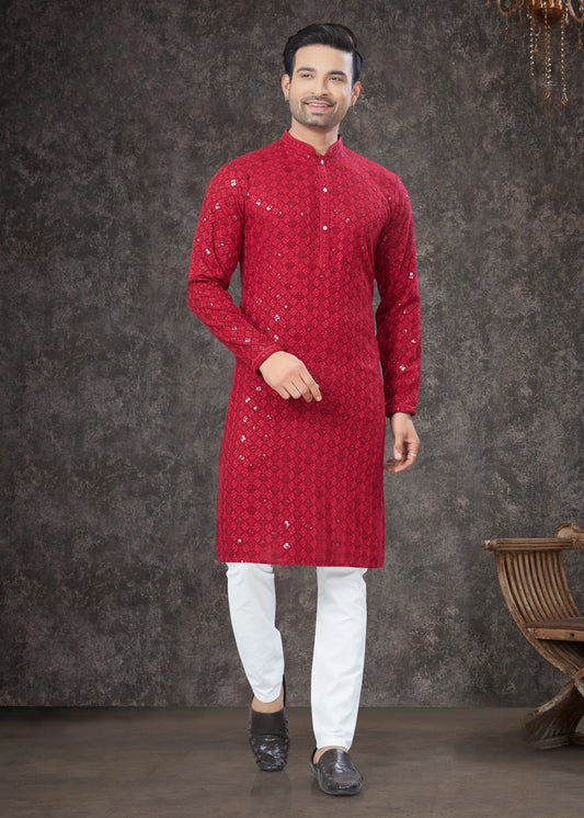 Ensemble Kurta Lakhnawi rouge avec sequins COLLECTION VEER