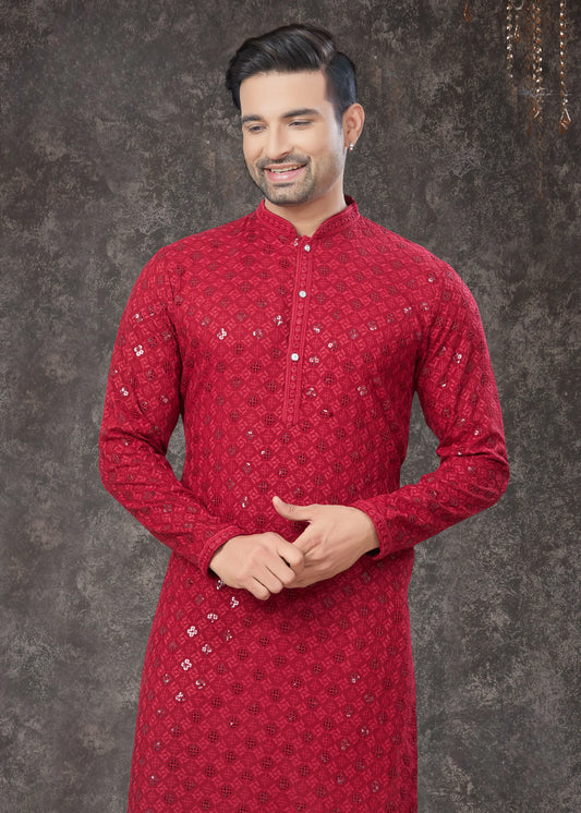 Ensemble Kurta Lakhnawi rouge avec sequins COLLECTION VEER