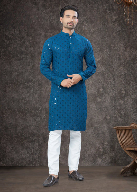 Ensemble Kurta Lakhnawi bleu saphir avec sequins COLLECTION VEER