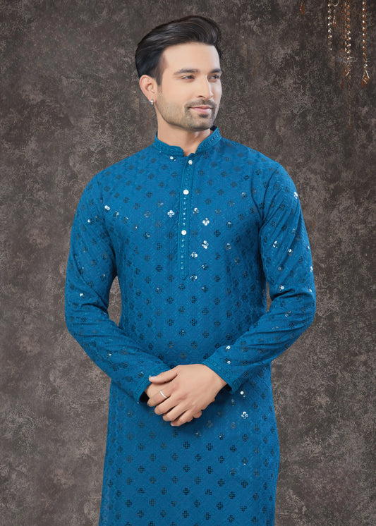 Ensemble Kurta Lakhnawi bleu saphir avec sequins COLLECTION VEER