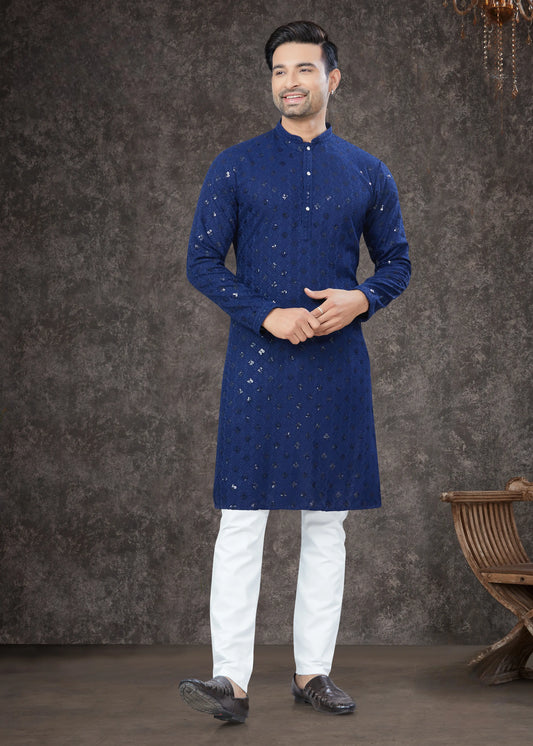 Ensemble Kurta Lakhnawi bleu marine avec sequins COLLECTION VEER