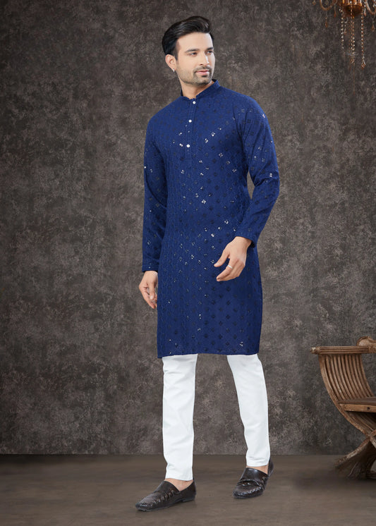 Ensemble Kurta Lakhnawi bleu marine avec sequins COLLECTION VEER