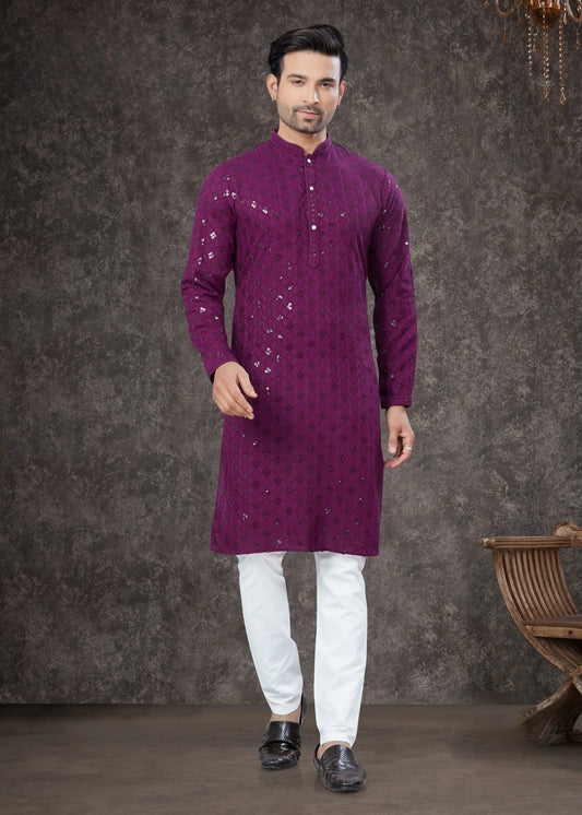 Ensemble Kurta Lakhnawi violet foncé avec sequins COLLECTION VEER