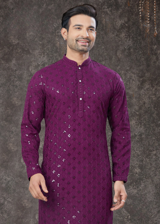 Ensemble Kurta Lakhnawi violet foncé avec sequins COLLECTION VEER