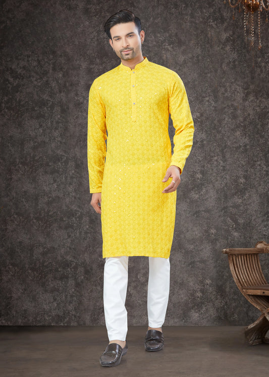Ensemble Kurta Lakhnawi jaune vif avec sequins COLLECTION VEER