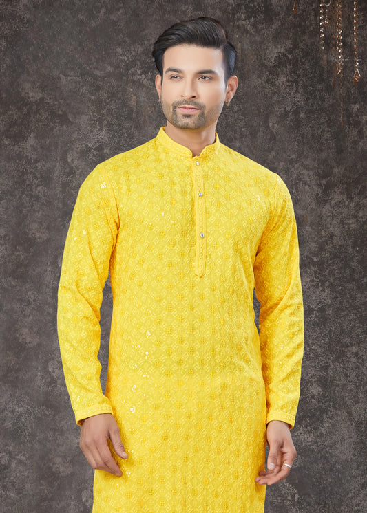 Ensemble Kurta Lakhnawi jaune vif avec sequins COLLECTION VEER