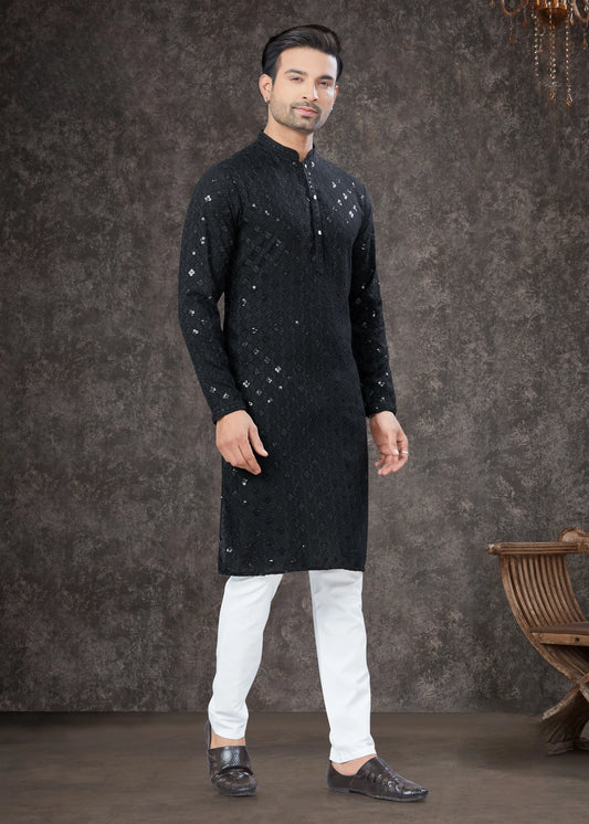 Ensemble Kurta Lakhnawi noir avec sequins COLLECTION VEER