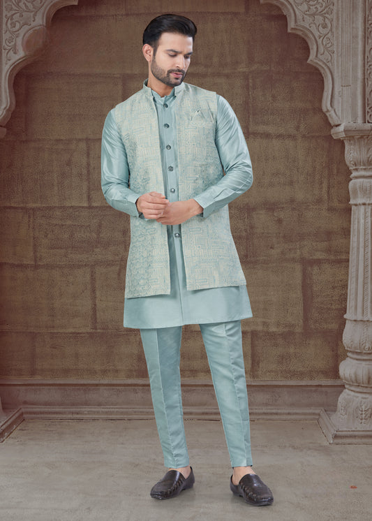 Ensemble Kurta bleu ciel avec Veste Ouverte Ton sur Ton