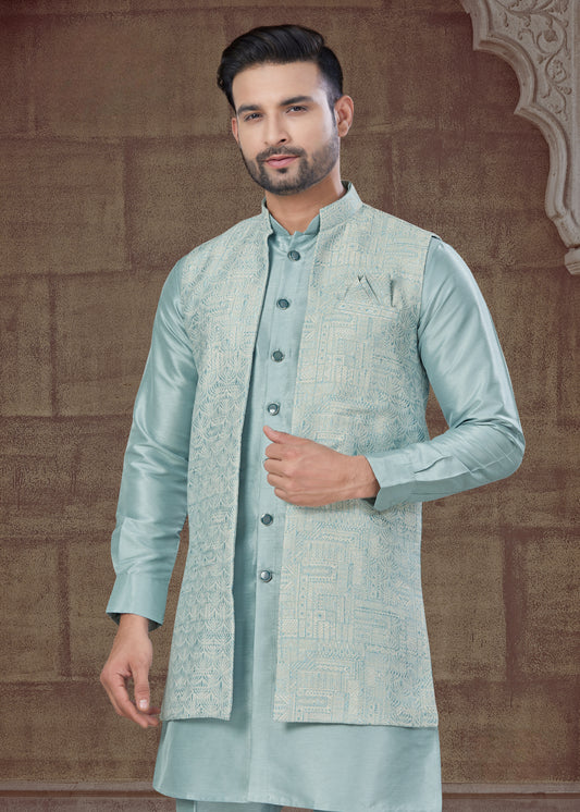 Ensemble Kurta bleu ciel avec Veste Ouverte Ton sur Ton