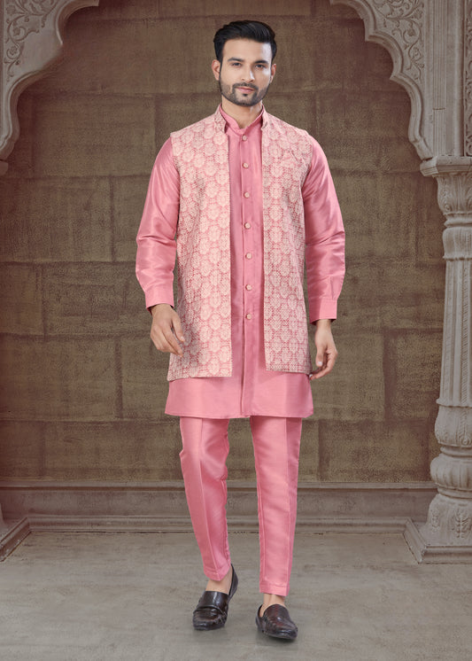 Ensemble Kurta rose clair avec Veste Ouverte Ton sur Ton à motifs