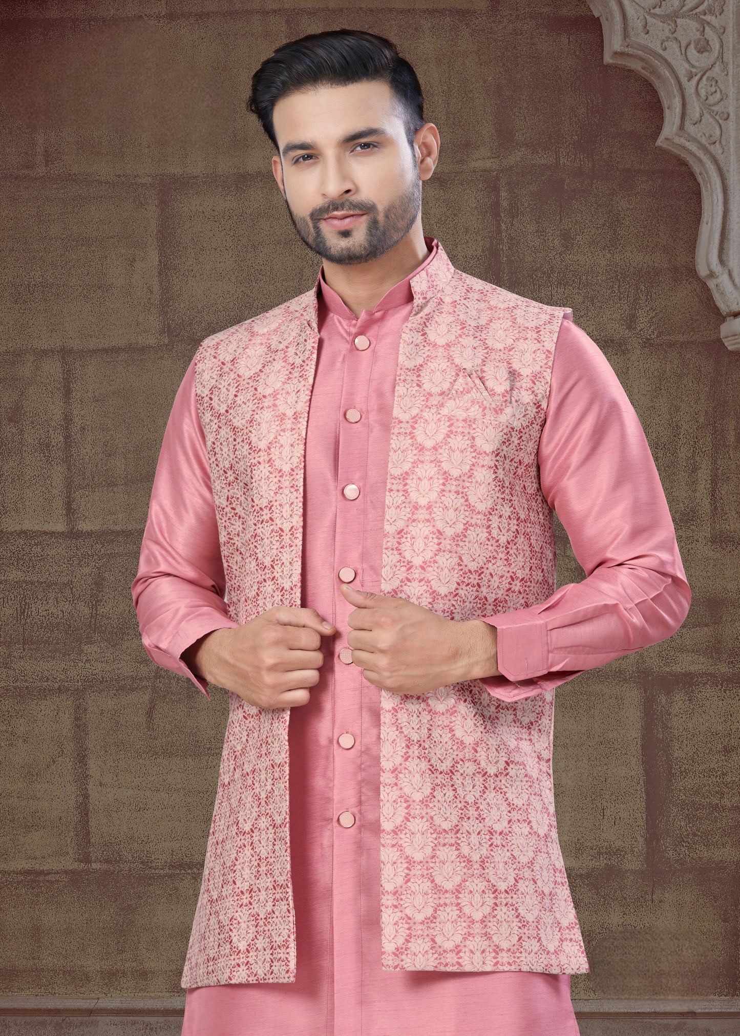 Ensemble Kurta rose clair avec Veste Ouverte Ton sur Ton à motifs