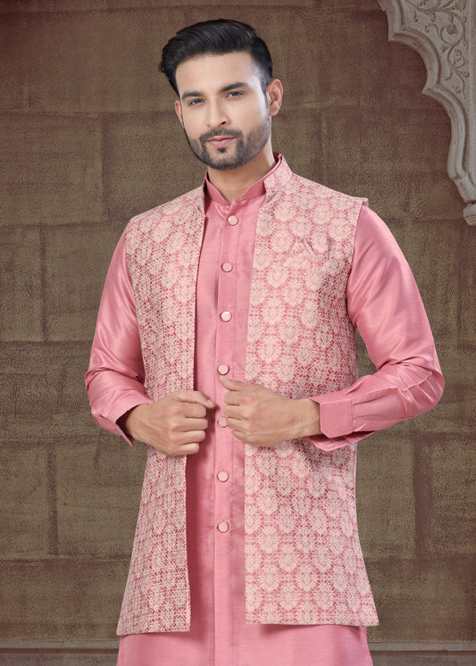 Ensemble Kurta rose clair avec Veste Ouverte Ton sur Ton à motifs