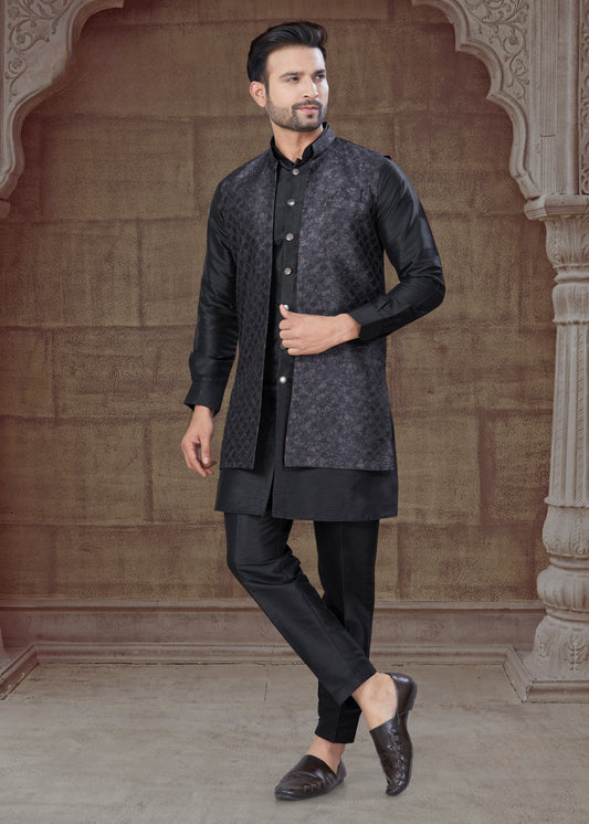 Ensemble Kurta noir avec Veste Ouverte Ton sur Ton
