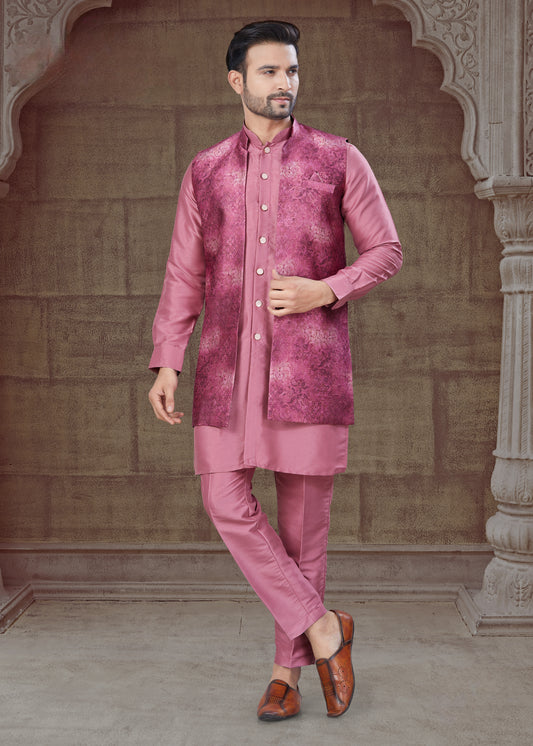 Ensemble Kurta rose foncé avec Veste Ouverte Ton sur Ton à effet