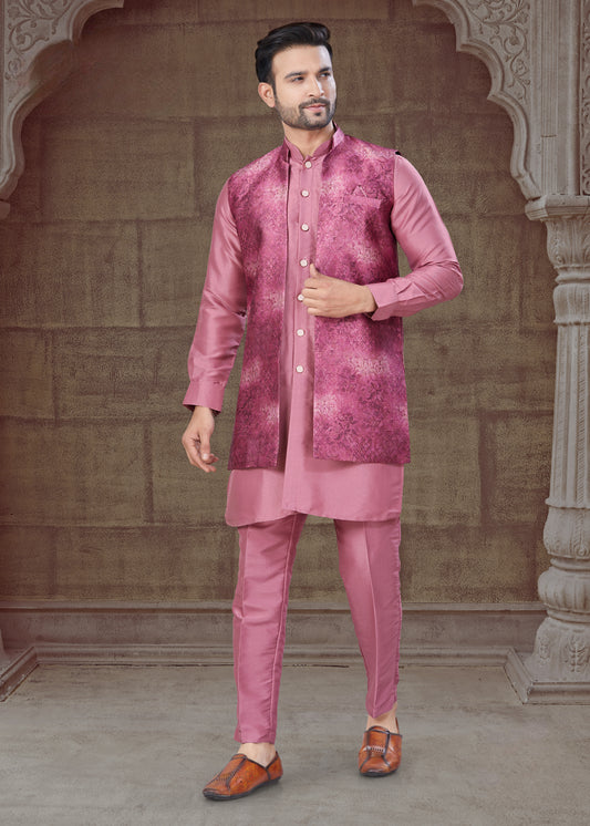 Ensemble Kurta rose foncé avec Veste Ouverte Ton sur Ton à effet