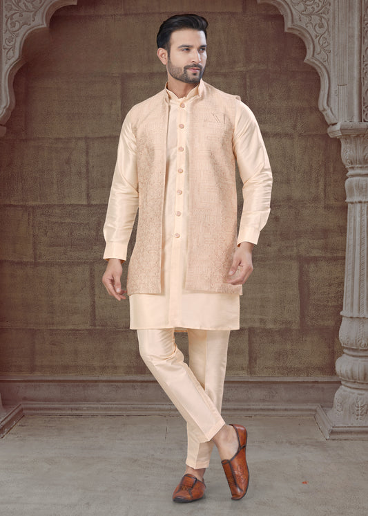 Ensemble Kurta beige ancien avec Veste Ouverte Ton sur Ton